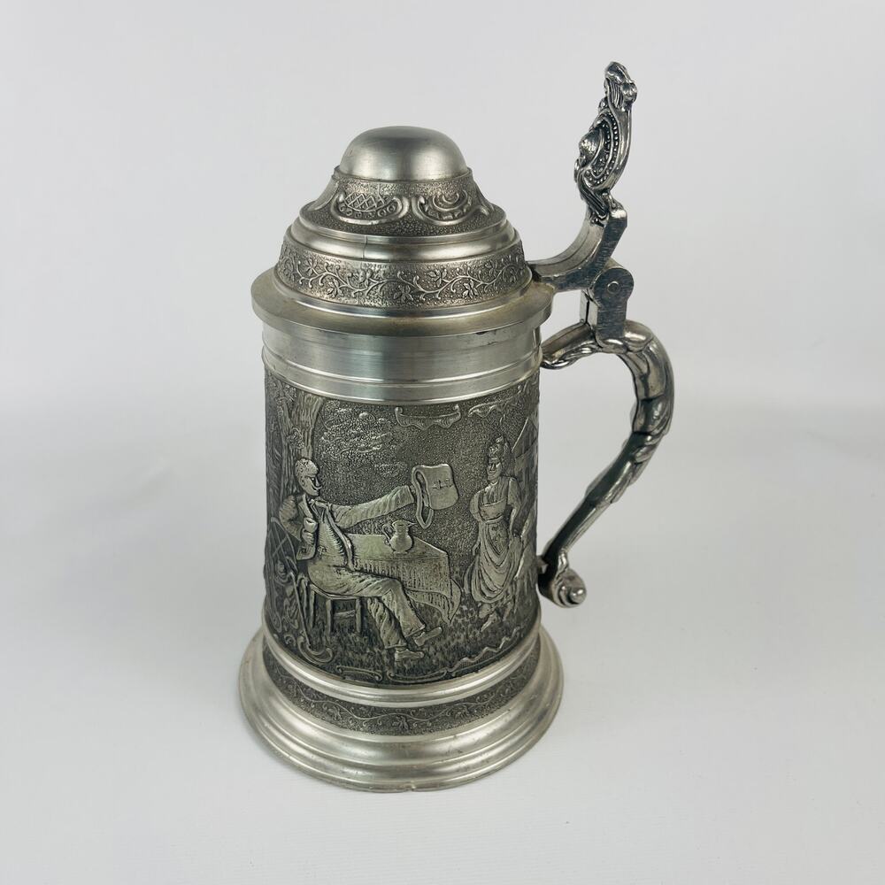 German Lindenwirtin Pewter Lidded Beer Stein 20 oz; 8" Tall